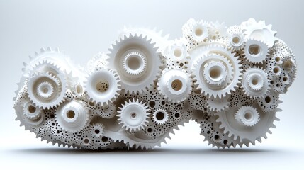 Intricate arrangement of white gears showcasing mechanical design.