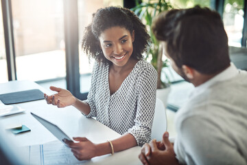 Poster - Collaboration, meeting and tablet with business people in office together for discussion or planning. Partnership, smile or teamwork with man and woman design employee in workplace for conversation