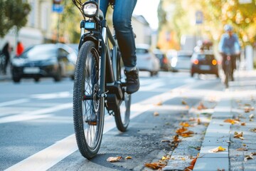 A close-up shot of a cyclist's front tire. A cyclist rides a bike on a bike lane in the city.