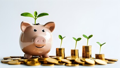 Joyful Piggy Bank with Emerging Plant and Golden Coins Representing Financial Growth and Eco-Friendly Investments Against a White Backdrop