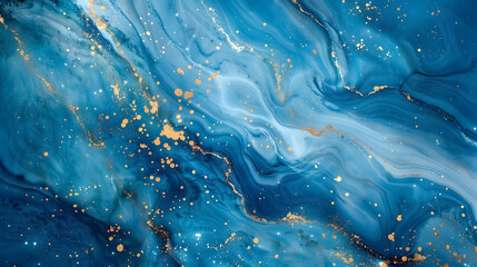 Abstract blue marble texture with gold splashes, creating a luxurious blue background