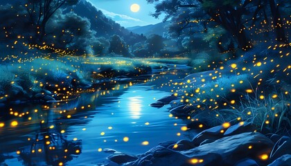 Sticker - Magic of Fireflies Dancing Under a Glowing Blue Moonlit Sky Reflected in a Peaceful River Landscape