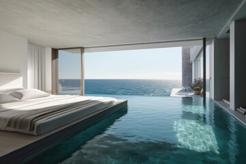 A sleek bedroom features an infinity pool with views of the ocean, blending indoor and outdoor spaces in a contemporary coastal setting