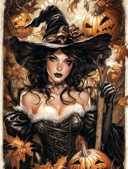 Wall Mural - beautiful witch surrounded by pumpkins, leaves and vines