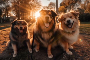 Three cheerful dogs sit together on the grassy area of a park, basking in the warm glow of the sunset and enjoying their playful moment