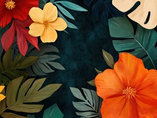 Wall Mural - Layered botanical background with diverse foliage and vibrant flowers, organic textures with dynamic light