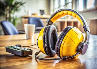 Ear protection headphones and acoustic safety devices on a desk near telephone equipment, emphasizing importance of