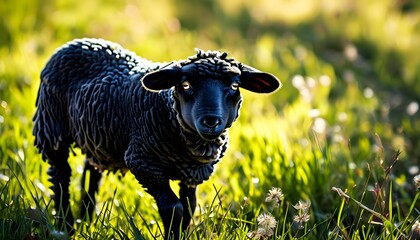 Wall Mural - Distinctive Black Sheep in Sunny Meadow Creating Unique Shadow Against Open Sky