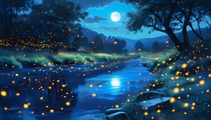 Sticker - Magic of Fireflies Dancing Under a Glowing Blue Moonlit Sky Reflected in a Peaceful River Landscape