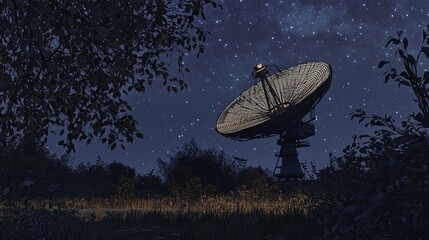 a large satellite dish stands in a field under a starry night sky.