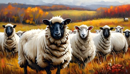 Striking Black Sheep Amidst White Flock in Vibrant Autumn Pastoral Scene