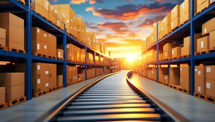 Wall Mural - Sunset-Illuminated Conveyor Belt in Vibrant Distribution Warehouse Ready for E-Commerce Operations