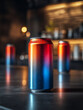 © SashaMagic - Colorful soda cans on a sleek countertop with blurred background.