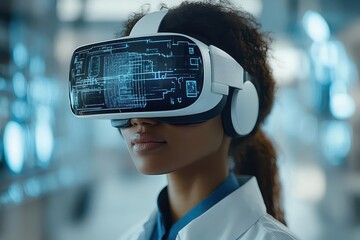 Sticker - innovative medical professional using virtual reality headset surrounded by holographic medical data and 3d body scans futuristic hospital setting with advanced technology