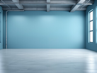 Blue color empty room. Clean apartment. Dance and yoga studio. Minimalistic interior for showing product. Mock up creative background. Studio shooting. Photo generated by AI