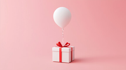 White gift box with red ribbon and white balloon on pink background. Minimal christmas new year concept.