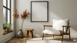 © Akash Tholiya - Stylish Scandinavian composition of living room with design armchair, black mock up poster frame, commode, wooden stool, book