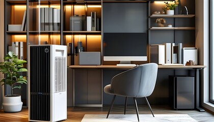 Contemporary Home Office Featuring Advanced Air Purifier for Improved Wellness and Productivity