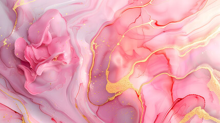 Abstract marble stone with ink liquid fluid paint, pink petals, blossom flower swirls, and gold-painted lines