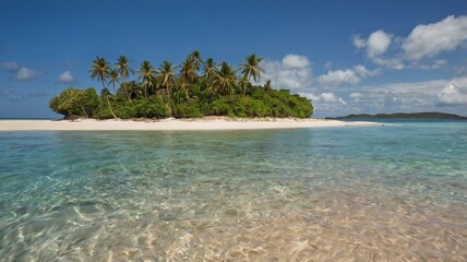 Tropical sandy beach with an island in the background.