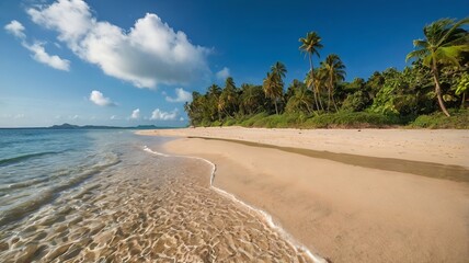 Tropical sandy beach with an island in the background.