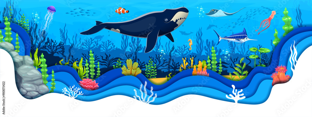 Cartoon blue whale at underwater landscape inside of 3d vector paper ...