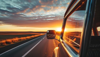 Wall Mural - Sunset Reflections in Retro Van Mirror Showcasing the Spirit of Adventure on the Open Road