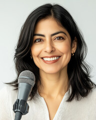  young woman is speaking with a microphone