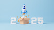 © Nuchjaree - Open box launch a business in 2025 with rocket rising moving up and floating stars, marketing concept. New year start-up company. Build and develop businesses with partners. Success strategy.3d render