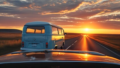 Wall Mural - Sunset Reflections in Retro Van Mirror Showcasing the Spirit of Adventure on the Open Road