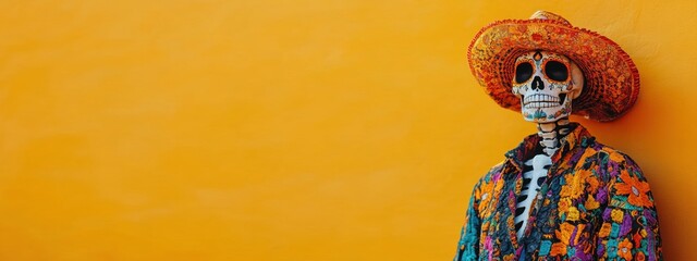 Day of the Dead Skeleton Figure with Sombrero Against Yellow Wall. Concept of Celebration, Tradition, Culture.