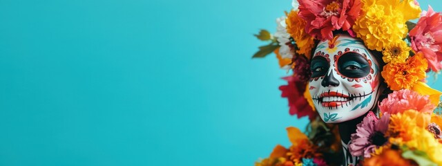 Woman with sugar skull makeup and flowers. Concept of Day of the Dead celebration.