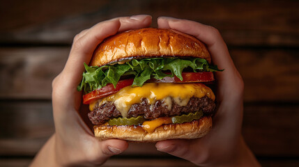 Juicy double cheeseburger held by hands with fresh vegetables and melted cheese on a wooden table