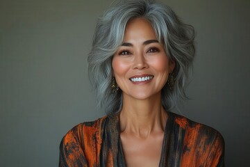 Wall Mural - joyful portrait of a mature asian woman laughing heartily radiating positivity and vitality against a soft gray backdrop