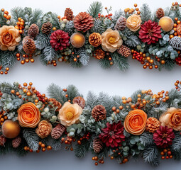 Wall Mural - The decor is made of fir branches and autumn flowers. The golden element in spruce autumn and Christmas decorations.