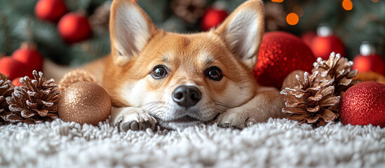 Wall Mural - Shiba inu and Christmas decor.