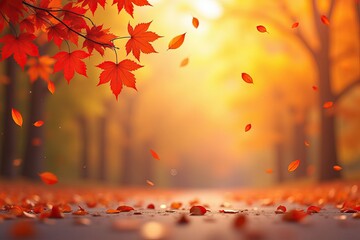 A beautiful autumn scene with a bright orange sky and leaves falling from the trees.