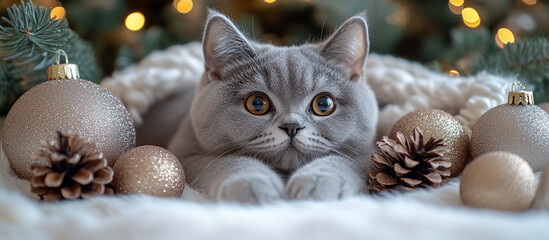 Wall Mural - Grey British cat and Christmas decor.