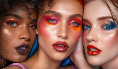 diverse women display striking makeup artistry with bright colors and textures, emphasizing creativi