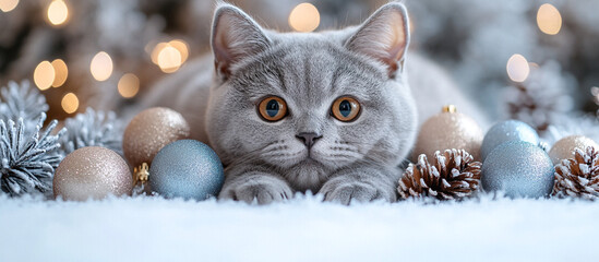 Grey British cat and Christmas decor.