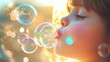 © bajita111122 - Close-up of a child blowing bubbles, eyes glowing with happiness, sunlight reflecting in the bubbles, emotional and playful, realism