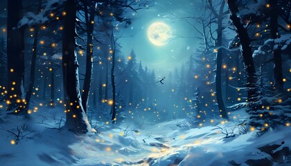 Wall Mural - Magical Winter Woodland Bathed in Ethereal Moonlight with Dancing Fireflies