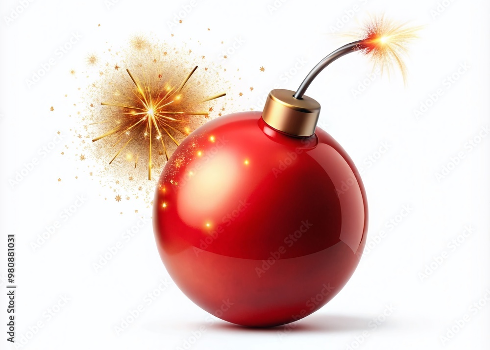 Explosive red bomb with lit fuse and sparks flying, isolated on a white ...