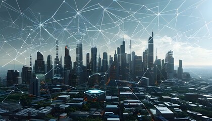 Wall Mural - Futuristic Smart City Skyline Featuring Wireless Network Plexus Against a Striking Geometric Backdrop