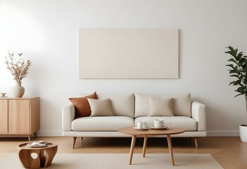 A minimalist living room with a beige sofa, wooden coffee table, and a blank white mockup on the wall