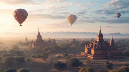 Ancient temples of Bagan with hot air balloons flying over.