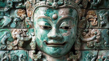 Close-up of the intricate ceramic tiles and sculptures that adorn the Prang of Wat Arun, showcasing traditional Thai artistry.