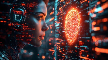 Close-up 3D visualization of a hacker's screen as they hack into someone's mind, featuring glowing codes and neural patterns connecting technology and consciousness