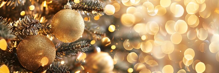 Wall Mural - capture the enchanting beauty of golden christmas tree decorations with a captivating bokeh effect, 