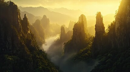 Sunrise over Tianmen Mountain, with golden light illuminating the jagged cliffs and dense forest below.